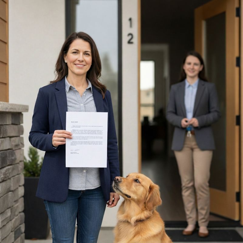 Colorado tenant holding a legitimate ESA letter after a mental health evaluation, standing outside a rental home with her emotional support dog